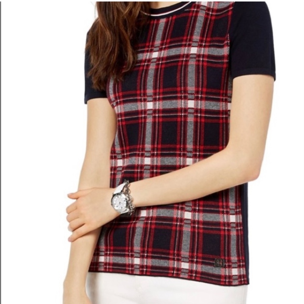 Tommy Hilfiger Short Sleeve Lightweight Knit Top Navy & Red Plaid‎ Size Medium